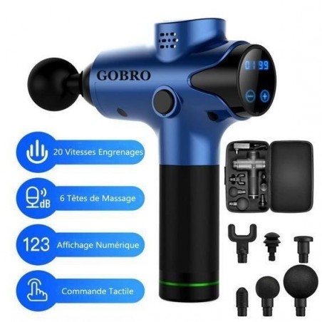 GOBRO Pistolet de Massage Musculaire, pour Récupération de Fatigue(20 Niveaux Réglables, 6 Têtes de Massage et Ecran LCD HD)-