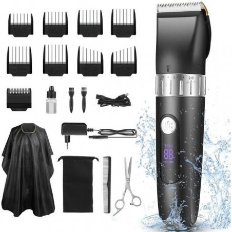 Tondeuse Cheveux IPX7 Sans Fil Rasoir Barbe Rechargeable Electrique Tondeuse Corps Sans Fils USB Ãcran LCD pour Hommes Enfants