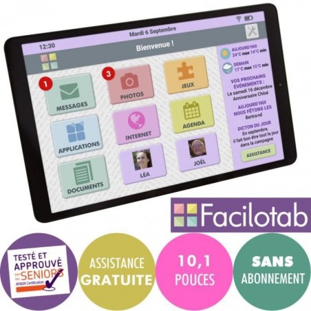 Tablette simplifiée Facilotab L Galaxy - WiFi-4G - 32 Go - Android 9 - Marque SAMSUNG - Interface seniors 10,1 Noire