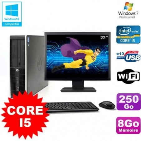 Lot PC HP Elite 8200 SFF Core I5 3.1GHz 8Go 250Go DVD WIFI W7 + Ecran 22