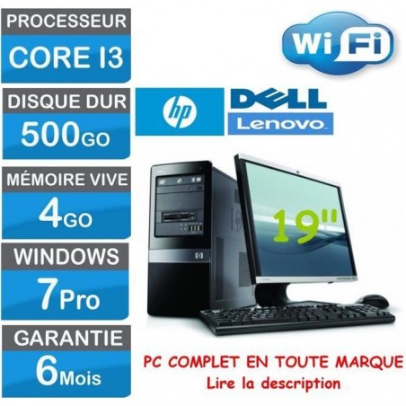 Ordinateur de Bureau complet Core I3 en toute marque HP Dell Lenovo 500Go HDD 4 Go Ram Windows 7 écran 19 EN VRAC selon modèle