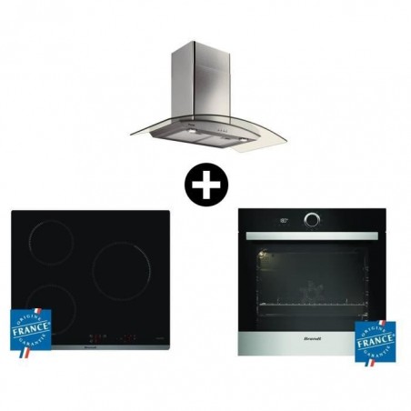 BRANDT BXP5560X Four électrique - 73 L + BPI6310B Plaque de cuisson - 3 zones + AD1070X Hotte décor mural - 3 vitesses - L 90 cm