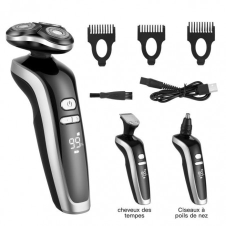 Rasoir Electrique Homme 3D Têtes Rotatives IPX6 Etanche Technologie Wet&Dry Tondeuse Barbe Longue Autonomie Avec Ecran LCD