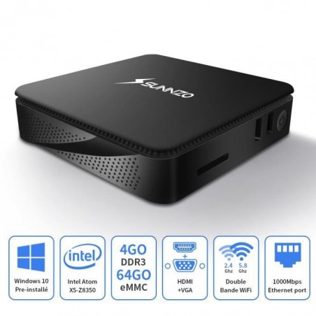 SUNNZO Mini PC sans ventilateur, équipé de 4 Go DDR3-64Go eMMC, Intel Z8350 CPU (jusqu'à 1,92 GHz) et 4K HD graphiques