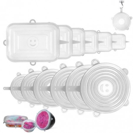 12 pcs Extensible Couvercles Silicone Réutilisable carré paississement transparentpour Alimentaire, Fruits, Tasses, Bols,