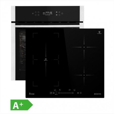 Four électrique encastrable 60 cm + Plaques de cuisson induction 59 cm (air chaud, grillade, minuterie automatique, acier inox)