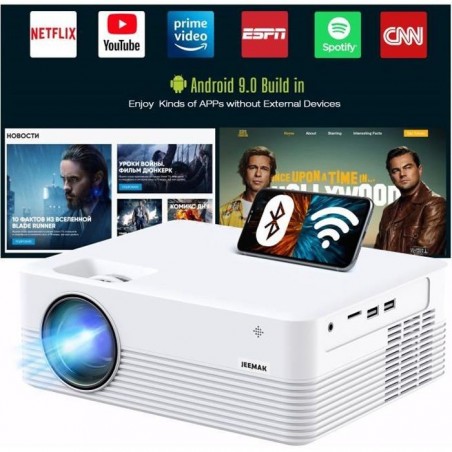 JEEMAK Vidéoprojecteur Portable Android 9.0 RAM 2Go- ROM 16Go,1080P 5000 Lux Projecteurs de Maison Cinéma Théâtre Projecteur