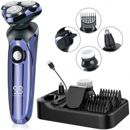 Rasoir Electrique Homme Tête Rotative Tondeuse Barbe 4D Longue Autonomie Etanche Technologie Wet&Dry Ecran LCD avec base 10pcs