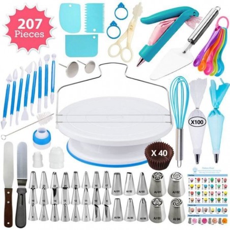 Plateau Tournant De Gâteau, Kit De Pâtisserie 207 Pcs Décoration Professionnel Ustensiles Kit Pour Glaçage, Déco, Poches,