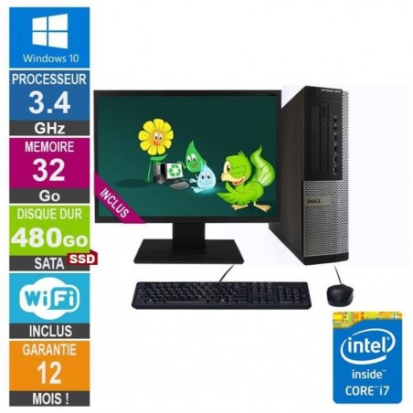 PC Dell 7010 DT Core i7-3770 3.40GHz 32Go-480Go SSD Wifi W10 + Ecran 24