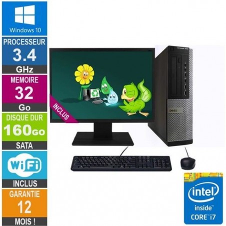 PC Dell 7010 DT Core i7-3770 3.40GHz 32Go-160Go Wifi W10 + Ecran 24