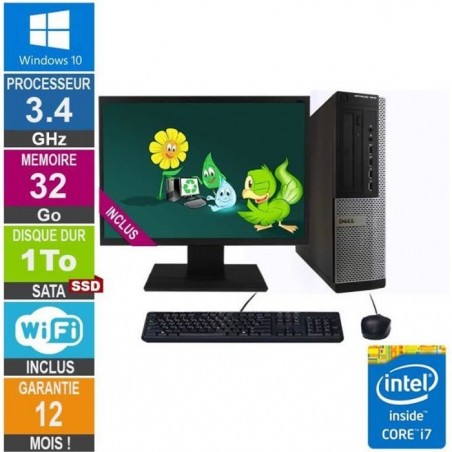 PC Dell 7010 DT Core i7-3770 3.40GHz 32Go-1To SSD Wifi W10 + Ecran 22