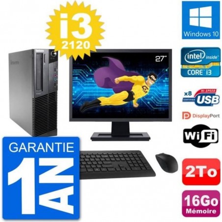 PC Lenovo M92p SFF Ecran 27 Intel i3-2120 RAM 16Go Disque 2To Windows 10 Wifi