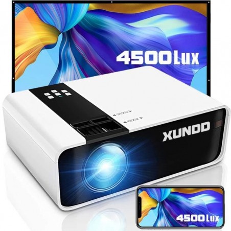 XUNDD Vidéoprojecteur HD Supporte 1080P 4500 Lux Mini Projecteur, avac un Écran de Projection, pour Phones HDMI VGA AV USB