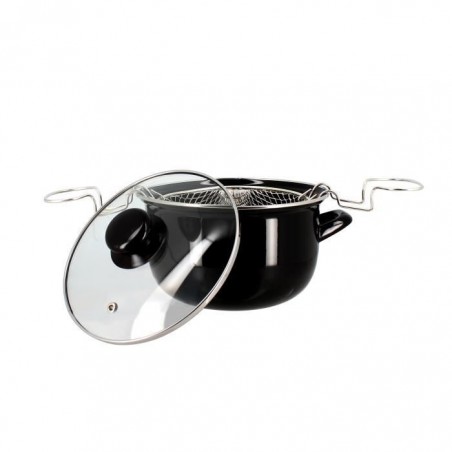 TheKitchenette Friteuse Email 20 cm Noire avec couvercle