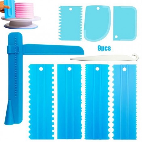 9PCS Racloir À Gâteau Fondant Lisseur Gâteau Grattoir Décoration De Gâteau Peigne Glaçage Plus Lisse Fondant Spatule - Bleu