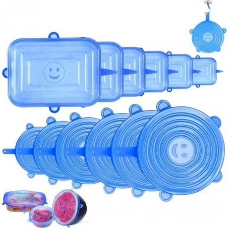 Couvercle Silicone Alimentaire,12pcs Réutilisable Couvercles Silicone Extensible pour la des Aliments,Rond +Carré, Bleu