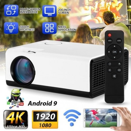 Vidéoprojecteur WiFi bluetooth 6000 Lumens 1080P Full HD 4K Supporté Projecteur Home Cinéma pour iOS, Android, HDMI AV USB