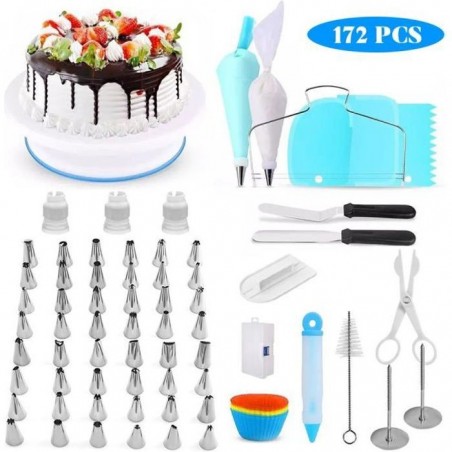 172Pcs Kit de Décoration de Gâteaux, Plateau Tournant 48Pcs Douilles Poche de Pâtisserie, Ustensiles de Pâtisseries pour