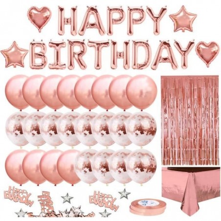 34PCS Anniversaire Ballon Rose Kit Guirlande Happy Birthday Nappe Rose Or