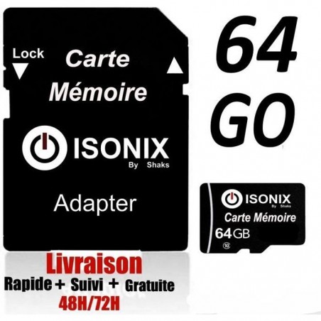 ISONIX Carte Mémoire Micro-SD 64 go SDHC-SDXC 100% Réel Class 10 + Adaptateur + Lecture Carte