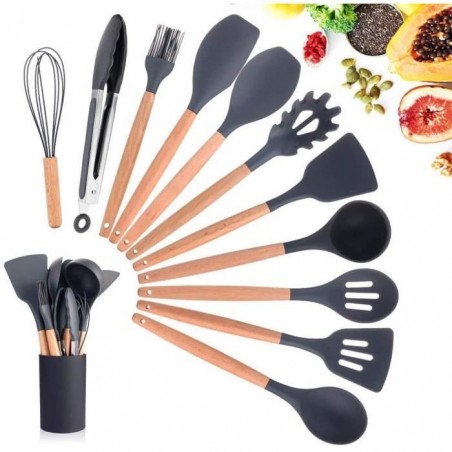 12 PCS Kit d'Ustensiles de Cuisine en Silicone et Bois avec Pot de Rangement, Set d'ustensiles de Cuisine en SiliconeNoir)