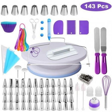 143Pcs Kit de Décoration de Gâteaux, Plateau Tournant, 56Pcs Douilles, Poche de Pâtisseries, Ustensiles de Pâtisserie pour