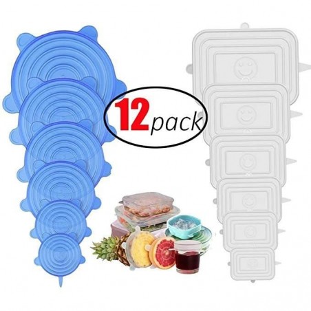 Gesentur Couvercle Silicone Alimentaire, 12pcs Réutilisable Couvercles Silicone Extensible Conservation des Fruits, Tasses,