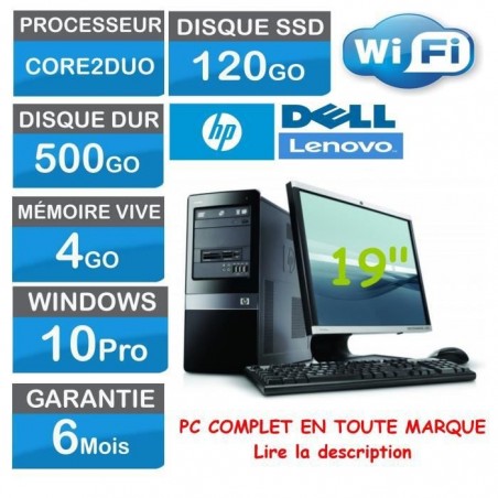 Ordinateur de Bureau complet core2duo en toute marque HP Dell Lenovo 500Go HDD 120Go SSD de démarrage 4 Go Ram Win10