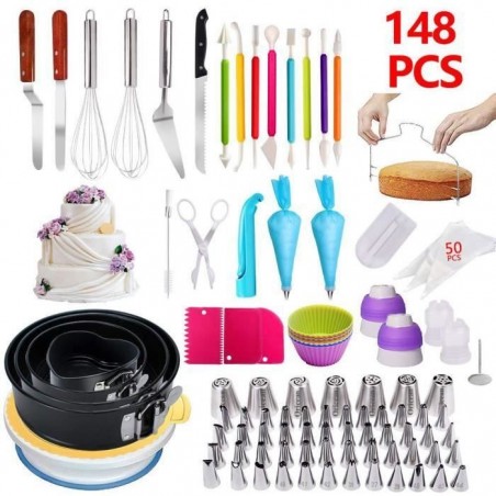 Kit Pâtisserie Moule à Gâteau Douille Pâtisserie 148 pcs avec Plateau Tournant de Gâteau Poche à Douille Spatule Seringue Moule