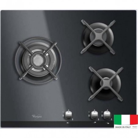 WHIRLPOOL AKT404NB Plaque de cuisson Gaz - 3 foyers - 6350W - L59 x P51cm - Revêtement verre trempé - Noir