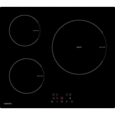 OCEANIC TI3Z1BC Plaque de cuisson induction - 3 zones - 6200 W - L 60 x P 52 cm - Revêtement verre - Noir