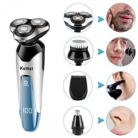 Keimei®Rasoir Electrique Homme Rasoir 3D 4 en 1 Rechargeable Lavable Sans Fil avec 4 Têtes Rotatives Pour Couper Barbe Cil de