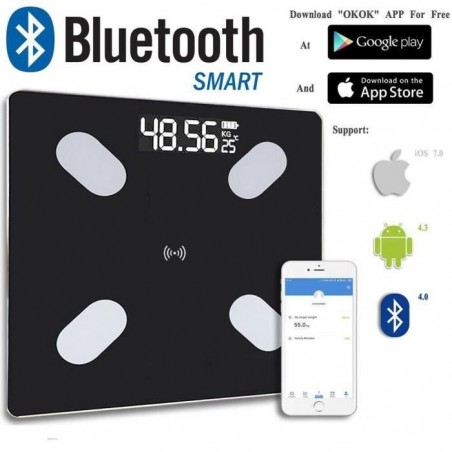 Pèse Personne Impédancemètre, Balance Connectée - 8 Données Corporelles - Bluetooth avec écran et avec analyse IMC - Ecran LED
