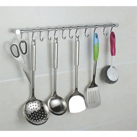 Crochet Barre de Cuisine en Acier Inox , 53cm avec 12 Crochets Amovible pour Suspendre les Ustensiles de Cuisine ou Salle de